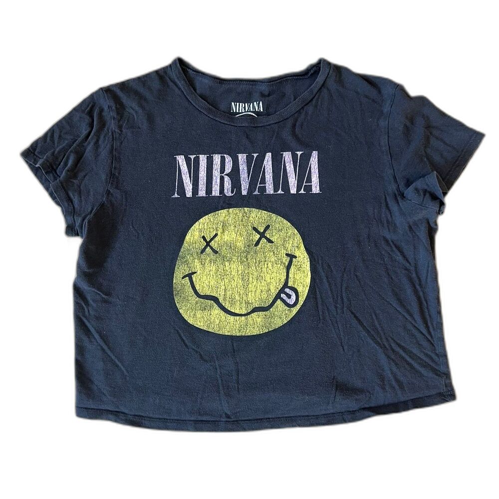 Nirvana Rock & Roll Band Black Smiley T-Shirt Tee Top Big Kids Youth XL (14-16)